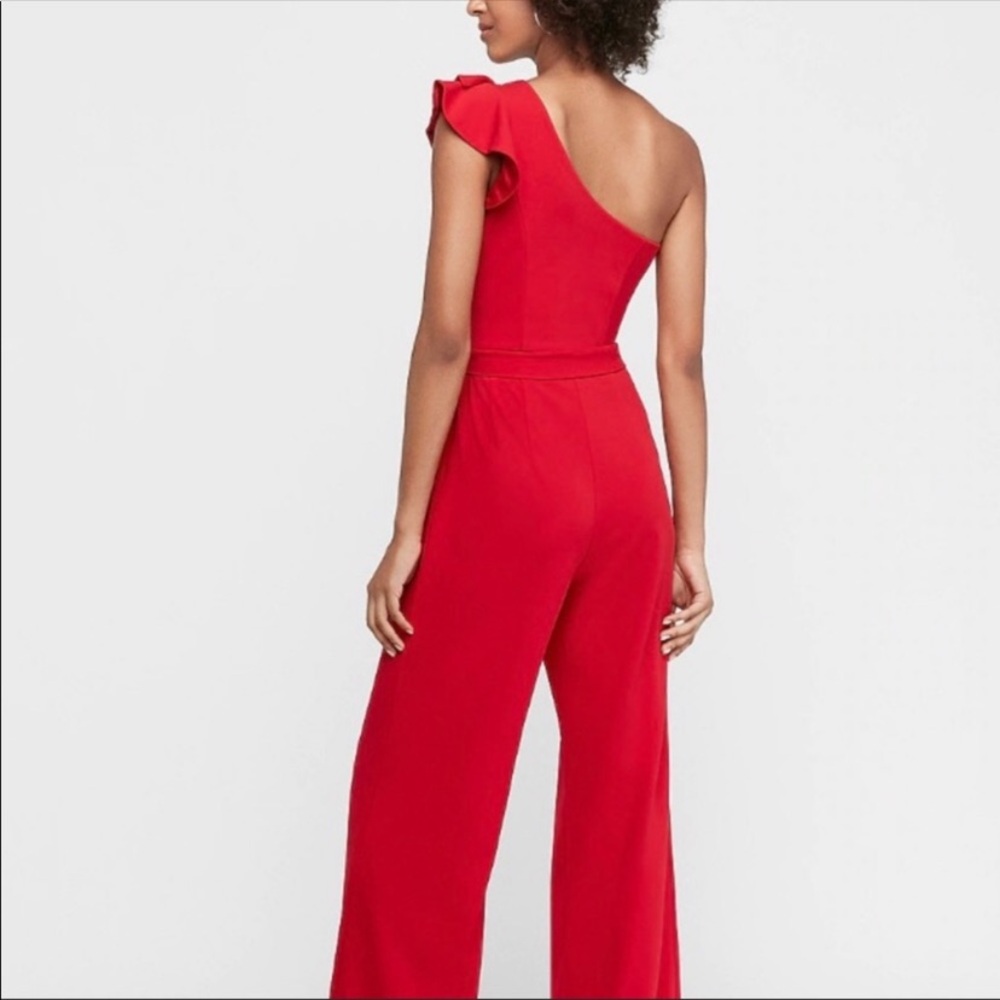 Express One-Shoulder Ruffle Red Jumpsuit - Picture 2 of 4